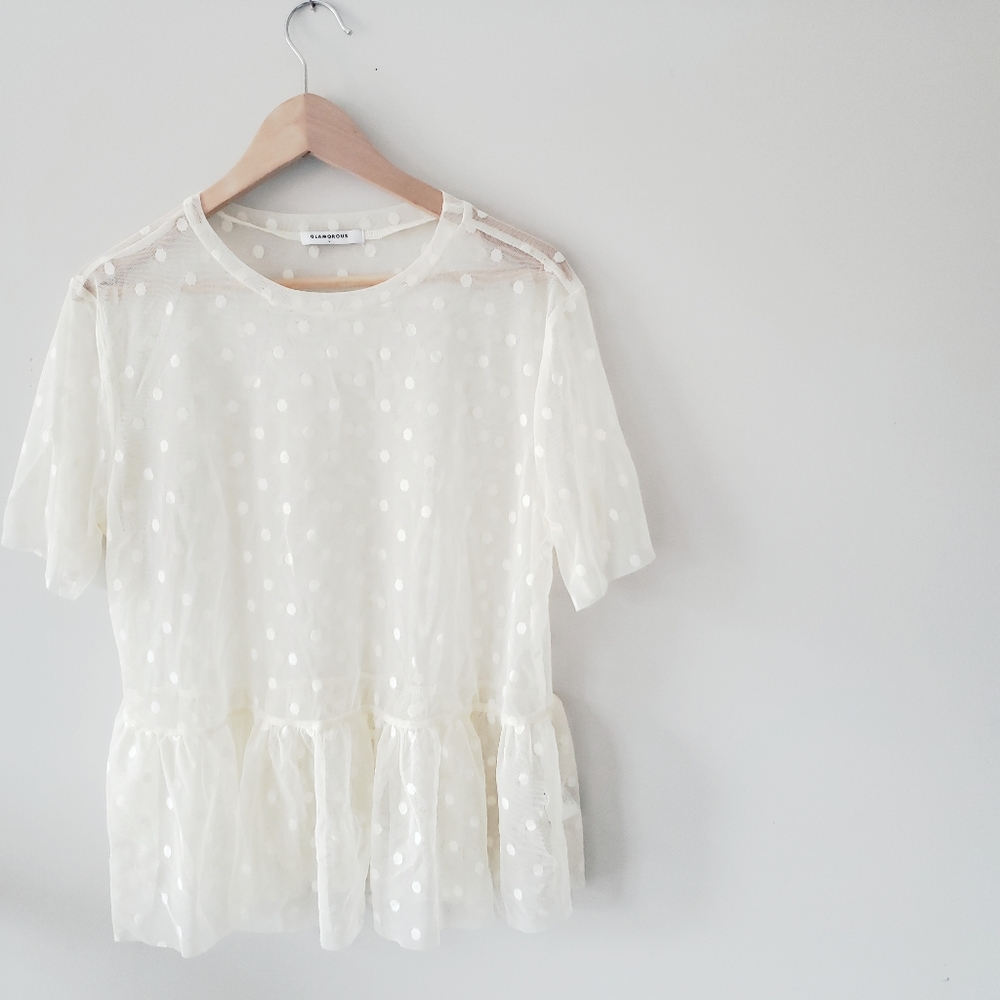 GLAMOROUS | Sheer ivory peplum top